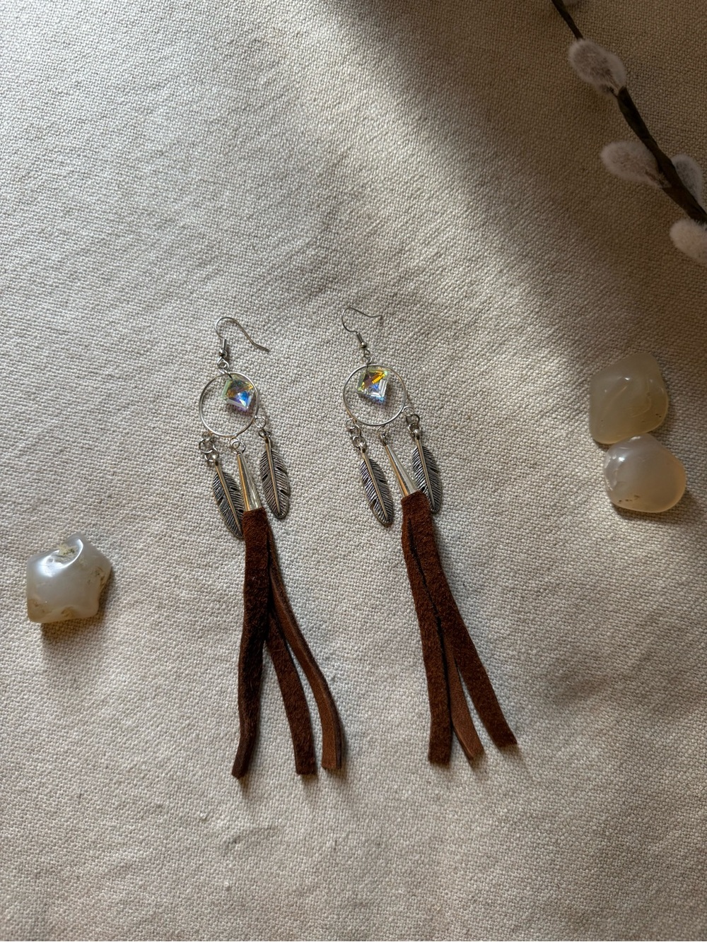 Boho Brown Suede Fringe Dreamcatcher Earrings